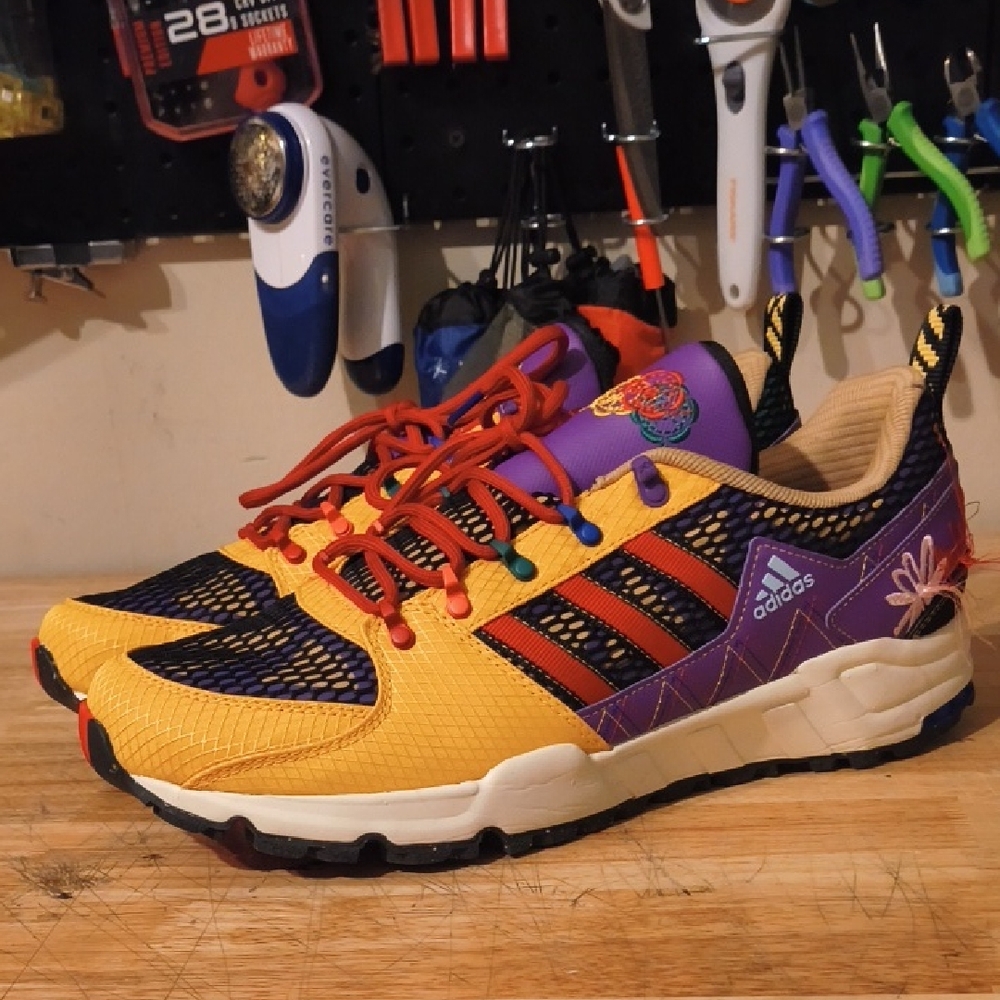 Adidas Sean Wotherspoon Yellow and Purple Sneakers with Red Accents